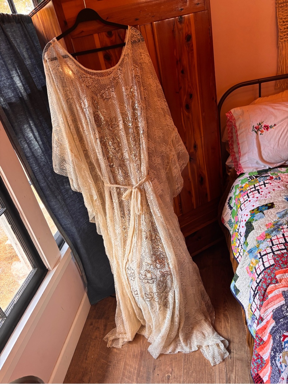 Mia joy lace Overlay Caftan dress with under tank dress  in Cream
